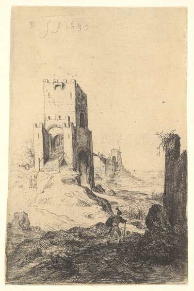 ポンテマンモロ、背景の橋、中腹に傾斜のある塔...、1639年。 作： Bartholomeus Breenbergh