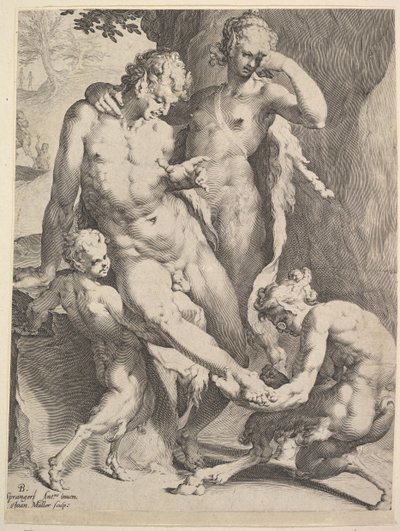 サテュロスの足からとげを取り除くオレッド、1590 作： Bartholomeus Spranger