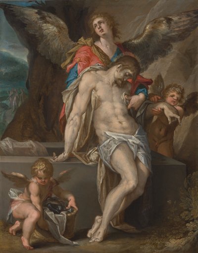 天使に支えられたキリストのからだ 作： Bartholomeus Spranger