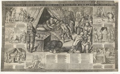 1336 年、南ホラント州の廷吏に関するウィリアム 3 世伯爵の判決 ウィレム・デ・ゲーデ、ヴァン・ホラント伯爵などによるバイエル・ヴァン・ズイト・ホラントについてのイスティティ（オブジェクトのタイトル） 作： Bartholomeus Willemsz. Dolendo (signed by artist)