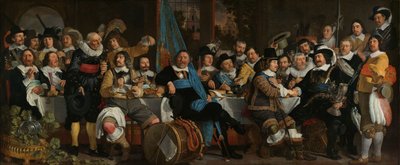 ミュンスター条約を祝う弩弓兵ギルドでの晩餐会 1648 年 6 月 18 日、アムステルダムのクロスボウ市民市民警備隊 (セント ジョージ ガード) の本部でのミュンスターの和平の祝典 作： Bartholomeus van der Helst