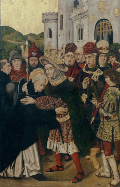 カスティーリャのフェルディナンド1世は、1478年から1480年にかけて、サイロの聖ドミニクを迎えました 作： Bartolomé Bermejo