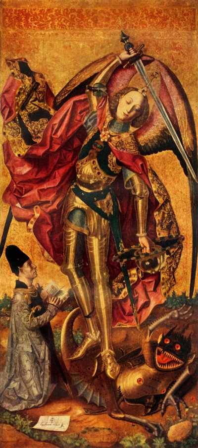 聖ミカエルは悪魔を乗り越え、1468年、1946年。 作： Bartolomé Bermejo