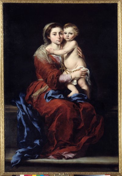 ロザリオの処女です。マドンナは子供を持っています。バルトロメ・ムリーリョ（1618-1682）の絵画 作： Bartolomé Esteban Murillo