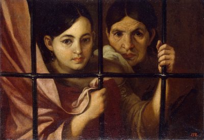 Deux femmes derriere une grille (グリルの後ろにいる二人の女性) - バルトロメ・エステバン・ムリーリョ (1617-1682) 作、キャンバスに油彩 作： Bartolomé Esteban Murillo