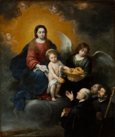 巡礼者にパンを配る幼子キリスト - バルトロメ・エステバン・ムリーリョ (1617-1682) 作、キャンバスに油彩 (219x182 cm) 作： Bartolomé Esteban Murillo