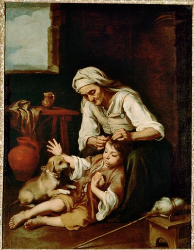 老女が男の子の髪を拭いている...（キャンバスに描かれた絵） 作： Bartolomé Esteban Murillo