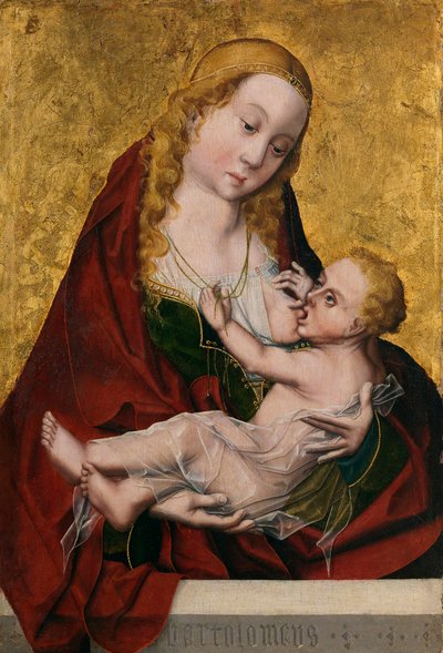 「子供に乳を飲ませる聖母」 (子供に乳を飲ませる聖母) 1490 年頃のマスター バルトロメ (1470 年から 1610 年に活動) による絵画 - 木材に油彩 薄暗い 52x35 cm プラド美術館、マドリッド 作： Bartolome Master