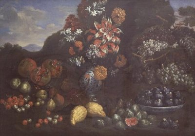 マイオリカ製水差しの花と果実のある風景 作： Bartolomeo Bimbi