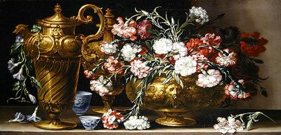 静物画「ケースの中のピンクと台座の上のフィレンツェの壷」（油彩・キャンバス） 作： Bartolomeo Bimbi