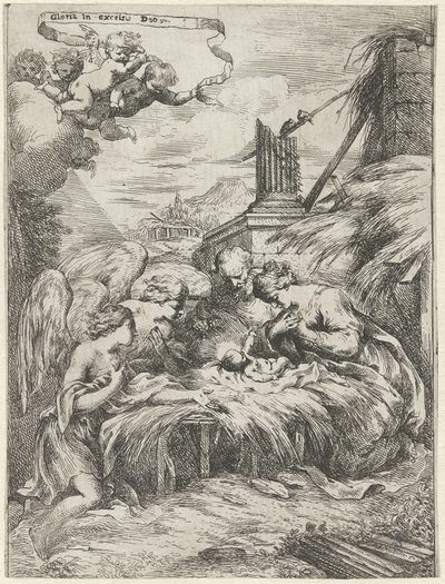 マリア、ヨセフ、天使による礼拝 作： Bartolomeo Biscaino