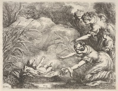 ファラオの娘の召使いによってナイル川から救出されたモーセの発見...、1650-57。 作： Bartolomeo Biscaino