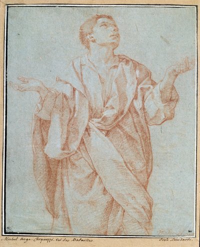 男はドレープをかけ、両手を広げ、目を天に向け、頭を傾ける Bartolomeo Cesi (1556-1620) のDrawing a la sanguine 薄暗い。0.28 x 0.23 m パリ.ルーヴル美術館 作： Bartolomeo Cesi
