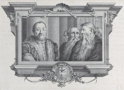 ひげを生やした 3 人の男性、1 人は毛皮を身に着けている、1756 年。作成者: Bartolomeo Crivellari、Gabriel Söderling。 作： Bartolomeo Crivellari, Gabriel Söderling