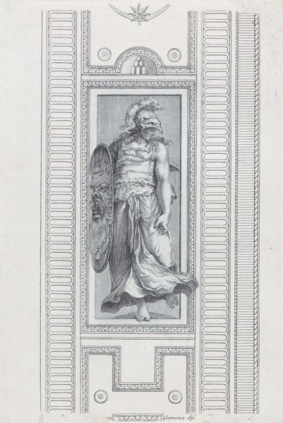 プレート 15: ヘルメットをかぶって盾を持った神話上の人物、1756 年 作： Bartolomeo Crivellari