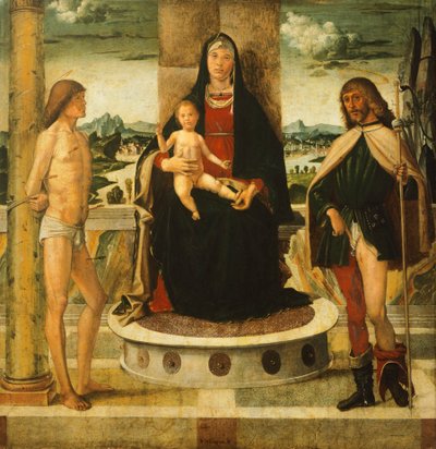聖母子と聖人、バルトロメオ・モンターニャ作（1450～1523年頃） 作： Bartolomeo Montagna