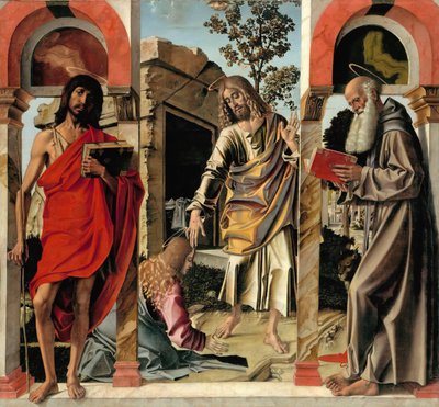 メアリーマグダレンと洗礼者ヨハネとジェロームと一緒に復活したキリストc。 1492年 作： Bartolomeo Montagna