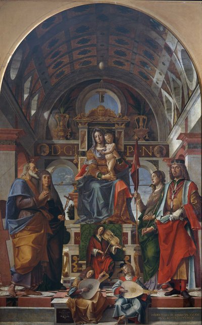 聖母子は、聖人と天使が音楽を作っていることを知っています（1499年）。 作： Bartolomeo Montagna