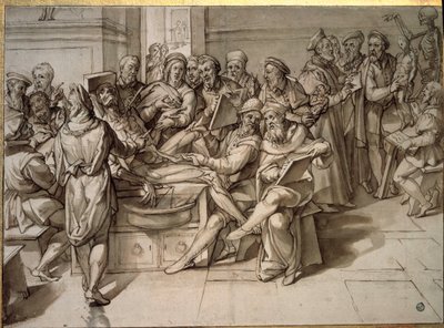 ミケランジェロ・ブオナローティ（Michelangelo Buonarroti dit Michelangelo）が行った解剖学の講義。 作： Bartolomeo Passarotti