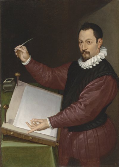 赤いダブレットと白いラフを着た書記官の肖像（油彩・キャンバス 作： Bartolomeo Passarotti