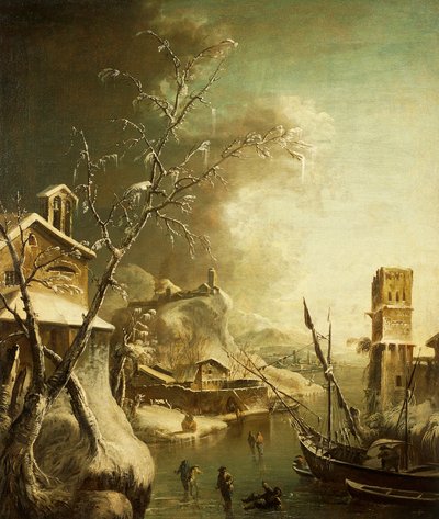 バルトロメオ・ペドーネ（1665-1733）作「冬景色」、絵画。 作： Bartolomeo Pedone
