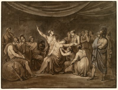 アキレスは、ヘクトルに殺された死んだパトロクロスに復讐することを誓う 作： Bartolomeo Pinelli