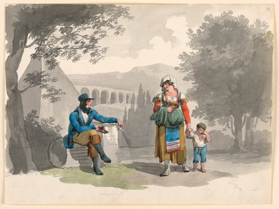 カンパーニャの廃墟の中で座っている紳士とすれ違う少年を手で抱く女性の素描、1807年 作： バルトロメオ・ピネリ