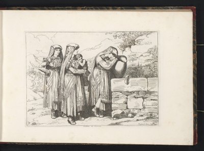 Cervara di Roma の 3 人の女性と 1 人の子供 Costumi di Cervara (オブジェクトのタイトル) ローマとその周辺の人物を描いたコスチュームプリント（シリーズタイトル） Nuova raccolta di cinquanta costumi de contorni di Roma (シリーズ タイトル) 作： Bartolomeo Pinelli