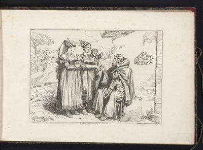Frascati の 2 人の女性と隠者 Donne di Frascati, ed Eremita (オブジェクトのタイトル) ローマとその周辺の人物を描いたコスチュームプリント（シリーズタイトル） Nuova raccolta di cinquanta costumi de contorni di Roma (シリーズ タイトル) 作： Bartolomeo Pinelli