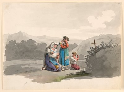 夫が殺された場所を示す十字架の前で祈る赤ん坊を持つ女性 作： Bartolomeo Pinelli