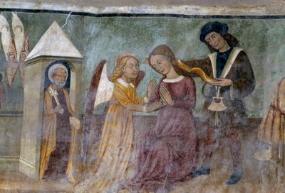 悪徳と美徳の騎馬戦を描いた作品群からの寓意的場面、1490年頃、バルトロメオ・セラとセバスティアーノ・セラ作、イタリア、ピエモンテ州、ジャグリオーネの聖ステファン礼拝堂のフレスコ画 作： Bartolomeo and Serra Sebastiano Serra