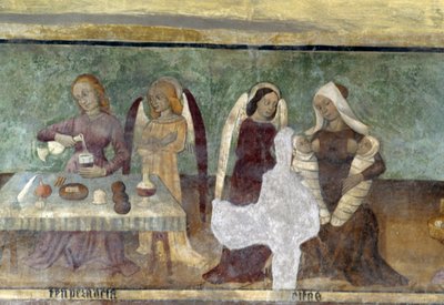 悪徳と美徳の騎馬戦を描いた作品群からの寓意的場面、1490年頃、バルトロメオ・セラとセバスティアーノ・セラ作、イタリア、ピエモンテ州、ジャグリオーネの聖ステファン礼拝堂のフレスコ画 作： Bartolomeo and Serra Sebastiano Serra