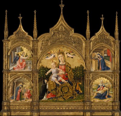 謙遜のマドンナ、受胎告知、キリスト降誕、ピエタ、1465年頃（木の上のテンペラと金） 作： Bartolomeo Vivarini