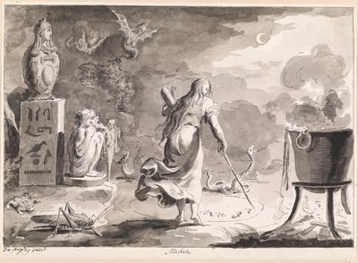 メディア。 爬虫類、海の生き物、魔女の大釜、エジプトの神々の間で背を向けた女性が、夜に魔法のルーン文字を地面に円で書いています。 作： Bartolomeo d