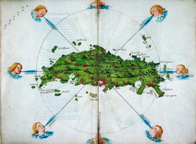 イソラリオ（詩による）、彩色図と東地中海図付き、1480年頃（ベラムに描かれた図面 作： Bartolomeo da li Sonetti