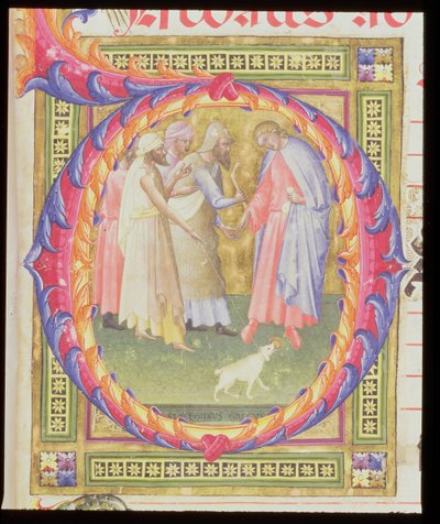 Ms 518 f.1rトビアスと天使を描いた歴史のある頭文字O 作： Bartolomeo di Frusino