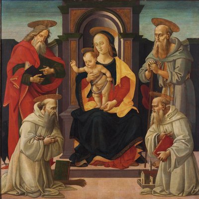 聖母子と聖ヨハネ福音書記者、聖ジェローム、ベネディクト派の2人の聖人 作： Bartolomeo di Giovanni