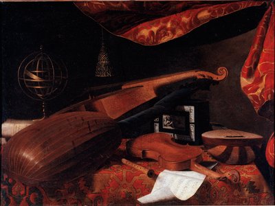 楽器のある静物 (ヴァイオリン、リュート、スピネット、渾天球) - バルトロメオ・ベテラ (1639-1722) 作、1660年頃 キャンバスに油彩 寸法: 70,5x94,7 cm - ベルガモ、アカデミア・カッラーラ 作： Bartolommeo Bettera