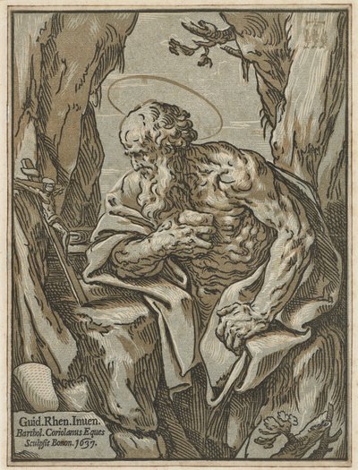 聖ヒエロニムス、グイドレニ後、1637年（敷設紙の3つのブロックからキアロスクーロの木版画） 作： Bartolommeo Coriolano