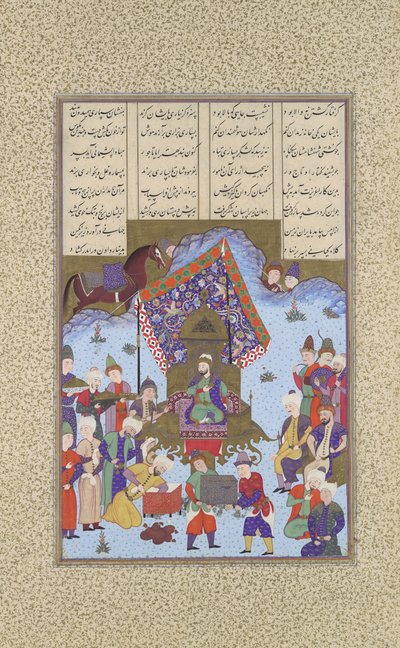 イランの王位に就くアフラシヤブ、フォリオ 105r、シャーナマ王の書より... 1525-30。 作： Bashdan Qara