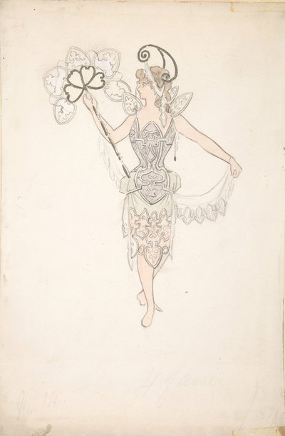 扇子を持つ貴婦人の衣装デザイン、1890-99年。 作： Basil Crage