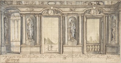 1683年、ローマのマッシモ・アラコエリ宮殿の塗装壁装飾のデザイン。 作： Basilio Briccio