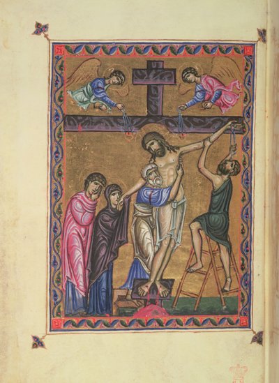 十字架からの降下 fol. MS Egerton 1139 からの 8b、メリザンド女王の詩篇、エルサレム 作： Basilius Basilius