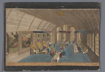 1758 年 6 月 22 日と 8 月 1 日に皇帝と選挙人のための食事が行われたフランクフルト アム マインのレーマー ホールの眺め Vue d