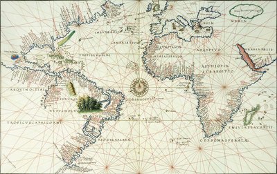 南北アメリカの東海岸を示す大西洋の2ページの地図、1544 作： Battista Agnese