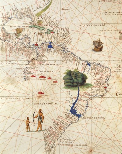 アフリカ、ヨーロッパ、アメリカ大陸の一部。中央アメリカとブラジル（Battista Agnese著『Atlas of the World in thirty-three Maps』より 作： Battista Agnese