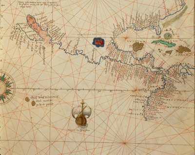 アフリカ、ヨーロッパ、アメリカ大陸の一部。中央アメリカ（Battista Agnese著『Atlas of the World in thirty-three Maps』より 作： Battista Agnese