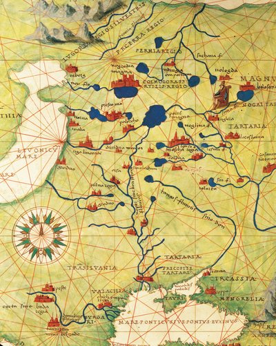東ヨーロッパと中央アジア。Transilvania and Russia, from Atlas of the World in thirty-three Maps, by Battista Agnese 作： Battista Agnese
