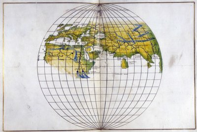 エゲル。 2854. f.14v-15 ヨーロッパとアフリカからインドまでの旧世界の半球地図。 プトレマイオスの分割を示す、1540年頃（ベラム） 作： Battista Agnese