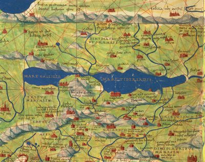 聖地、イスラエル、パレスチナ。ガリラヤ海とティベリアスの街、Battista Agnese著「Atlas of the World in thirty-three Maps」より 作： Battista Agnese